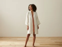 New Coyuchi Women's Matelassé Organic Robe Undyed w/Warm Stripe